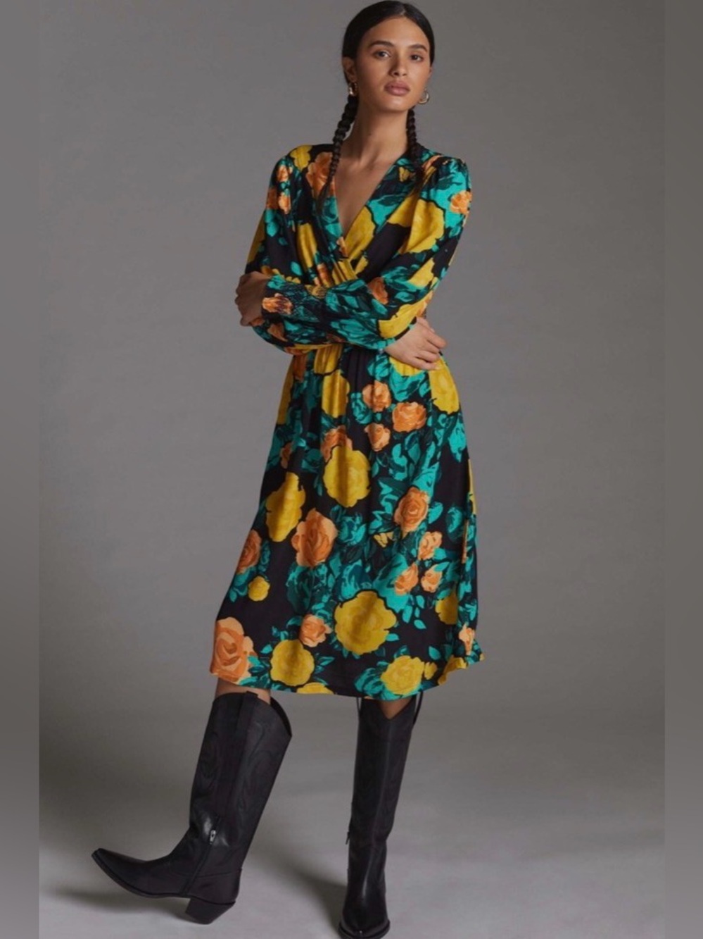 Anthropologie Black Floral Wrap Midi Dress with Yellow & Teal Blooms